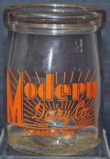 MODERN DAIRY CO. La Crosse  Cottage Cheese A.C.L.  Half Pint Glass Jar V 1930's