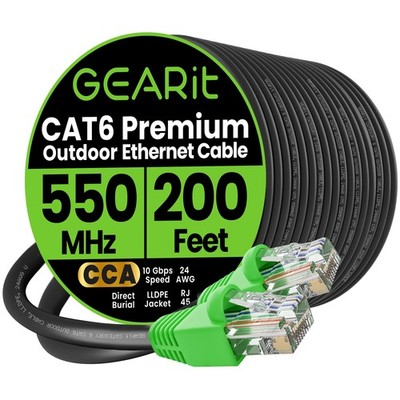 Cat-6 Ethernet Cable 10Gbps, Gold-Plated, Outdoor, UV Resistant, 200ft, Black