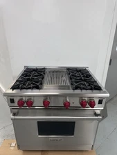 Wolf R364C- 36" Professional Gas Range Oven 4 Burner + Grill Stainless Red Knobs