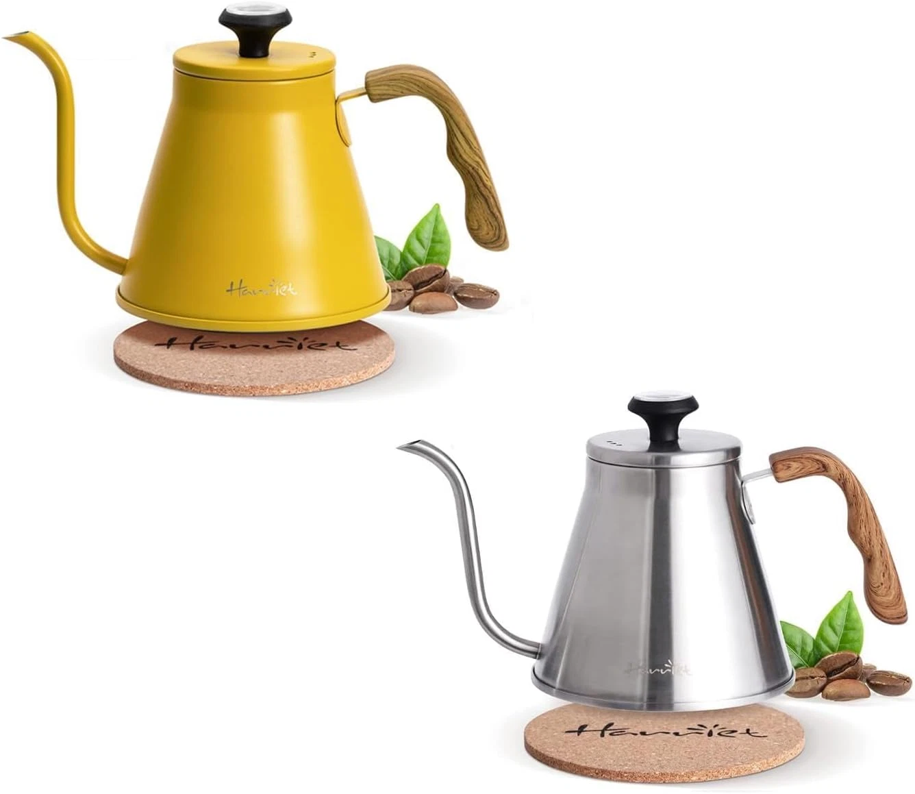Electric Gooseneck Kettle, 1.1L Stainless Steel, Temp Control, Yellow