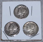 LOT of 3 Circulated 1938-1945 90% Silver U.S. Mercury Dime Coins