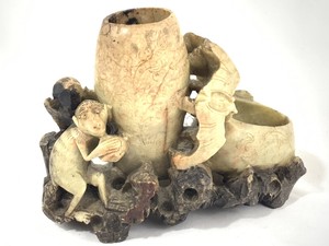 Antique Stone Hand Carved Double Brush Pot Holder Monkey Bird Soapstone Jade WOW
