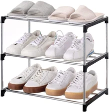 Stackable Small Shoe Rack, Space Saving Storage and Organization (3-Tier, Black)