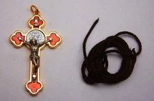 St. Benedict Crucifix Gold Plate - Red Enamel Pendant  w/ Rope Cord 2 1/4" 