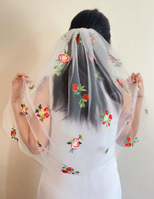 wedding veil, Unique pink flower veil, Embroidered flower veil, Floral