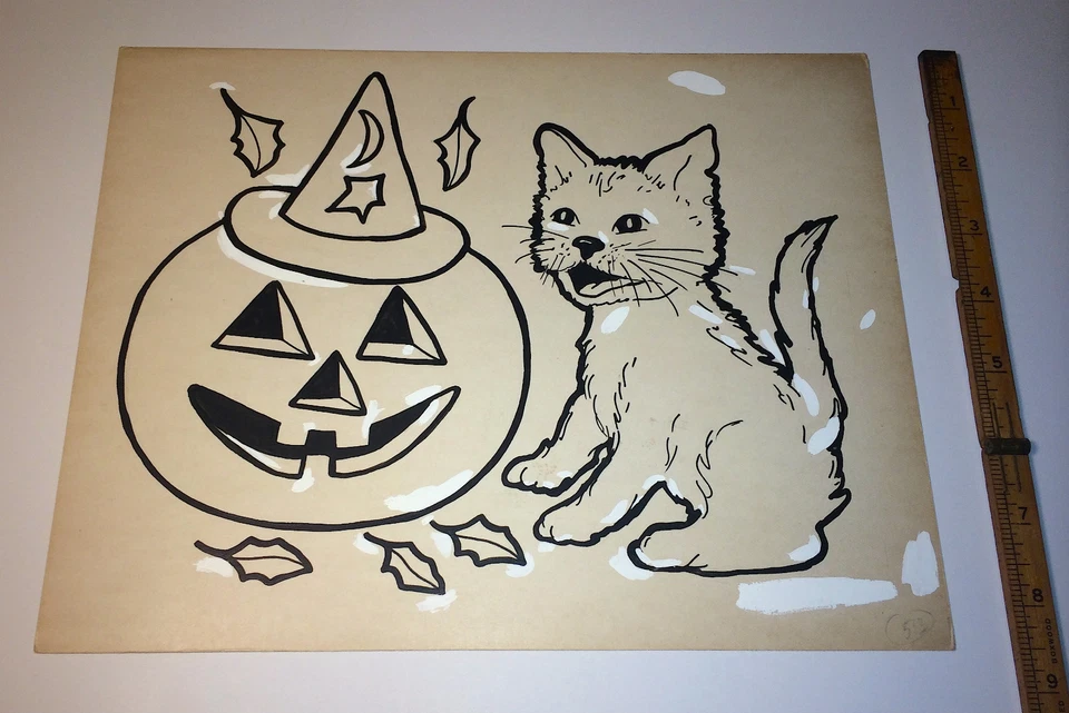 ¡Dibujo vintage de Halloween adorable mascota gato y calabaza por artista infantil! ¡Caída! Foto 4 de 4
