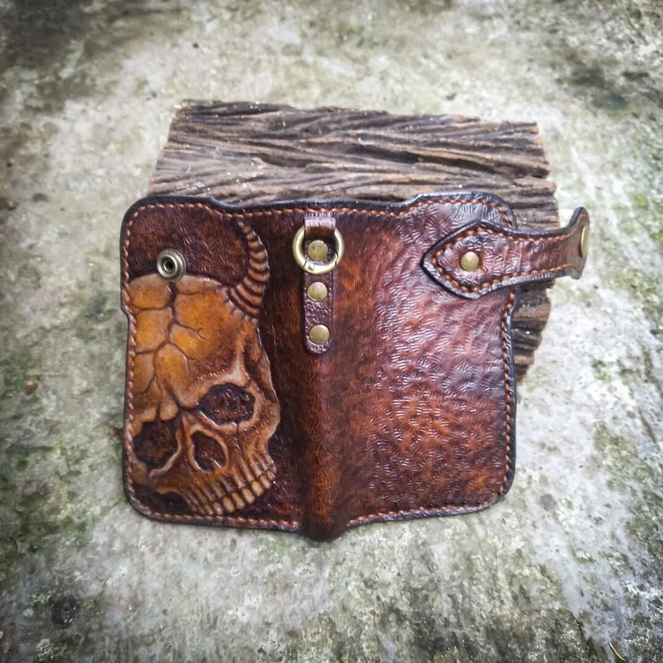 Skull horns wallet, Carved skeleton biker medium wallet, Viking unique wallet - Image 2 of 4