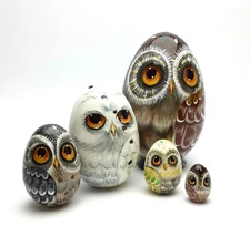 Owl Nesting Egg 4.4''/11cm, Russian Nesting Doll 5pcs, Owl Decor, Xmas Ornament