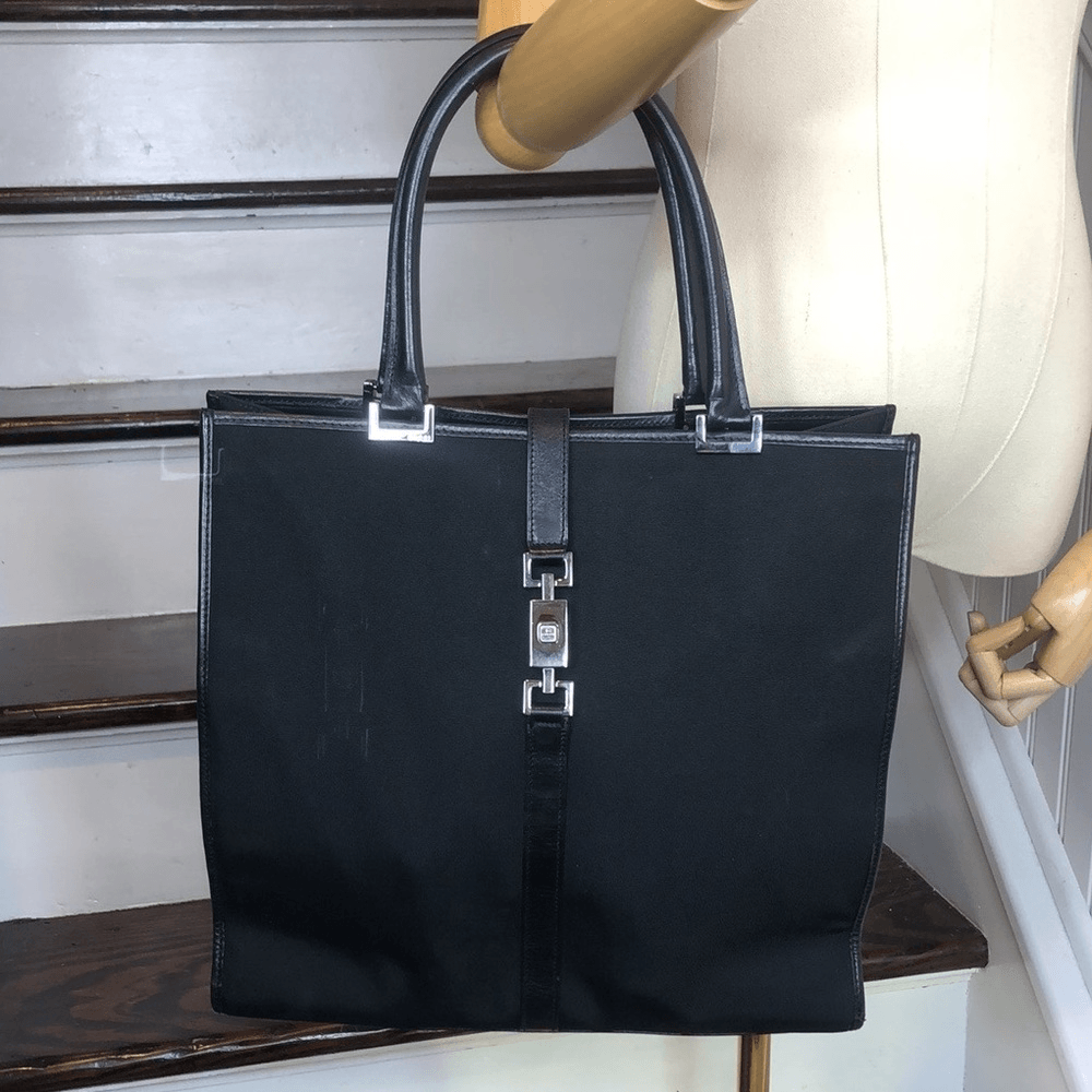 GUCCI Jackie Black Leather Top Handles Accent & Base, Nylon