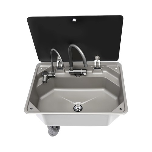 RV Sink Stainless Steel Hand Wash Basin Sink w/Folded Faucet+Tempered Glass Lid - Picture 5 of 18