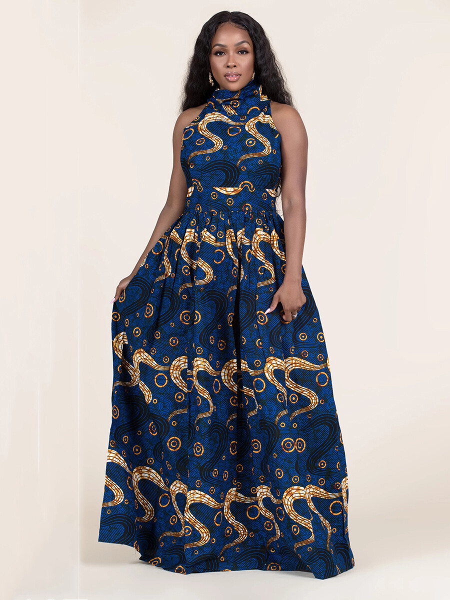 Women Navy Ankara African Print Elegant Sleeveless Maxi Dress Kente Dashiki  | eBay