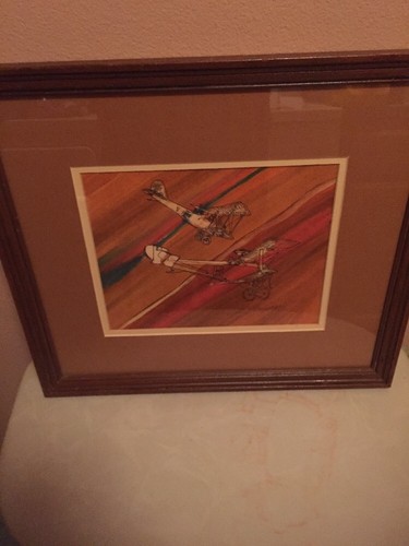 2360) Leo Thompson Signed Watercolor "DOGFIGHT" Framed 18" X 16" WWI Biplanes - Picture 1 of 9