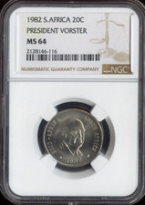1982 South Africa 20 Cents NGC MS64 President Vorster Quality