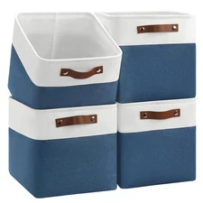 Foldable Storage Cubes 11x11 Inch, 4-Pack Fabric Organizer Bins with Leather
