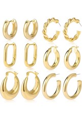 Gold Hoop Earrings for Women 6 Pairs Chunky Hoops Set Lightweight 14K Plated-New