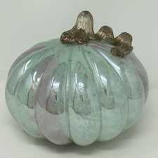 Blown Art Glass Pumpkin Pale Green Turquoise Swirl Copper Accent Stem Fall Decor
