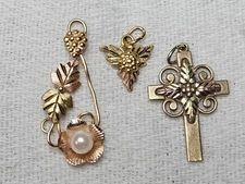 LOT OF 3 Black Hills 10k Gold Pendants Tri Color CROSS Pearl Flower & Leaf
