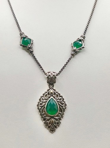 JAI By John Hardy Sterling Silver 14k Wheat Chain Green Chalcedony Necklace 18"+