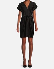Halston Women's Black V-Neck Short Sleeve Front Zip Belted Sateen Dress Size 6