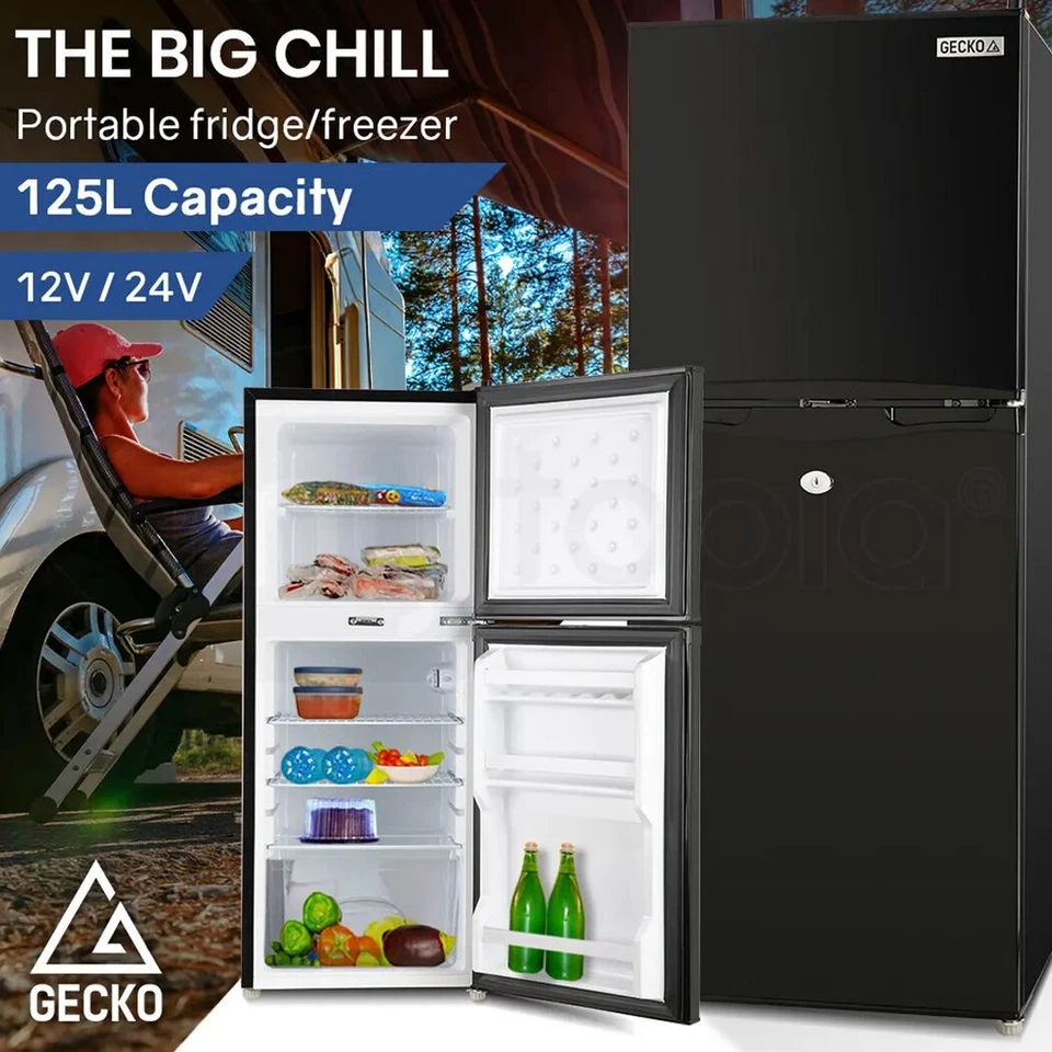 GECKO 125L Portable Upright Fridge Refrigerator 12V/24V Caravan Motorhome Black