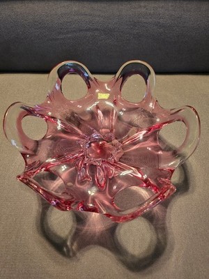 Egermann Czech Republic Pink Art Glass Looped Centerpiece Bowl Signed Gold Label