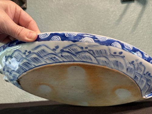 Antique Japanese Repaired Plate Warmer Boat Shape, Blue And White Ceramic Tray - Picture 16 of 24