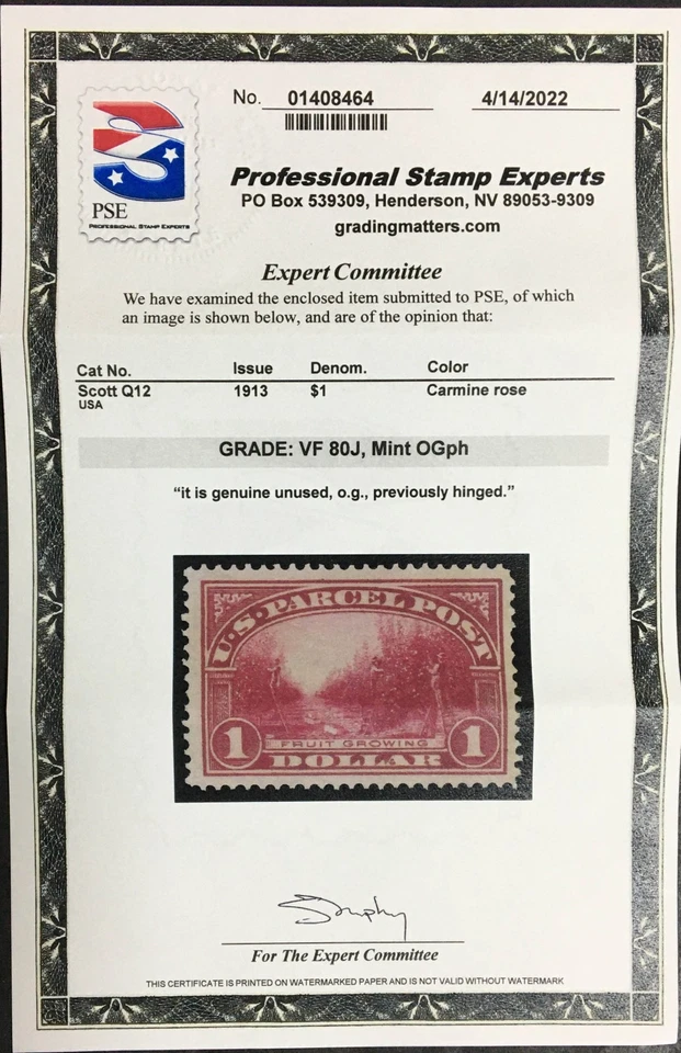 MOMEN: US STAMPS #Q12 PARCEL POST MINT OG LH PSE GRADED CERT VF-80J LOT #94848 - Image 2 of 3