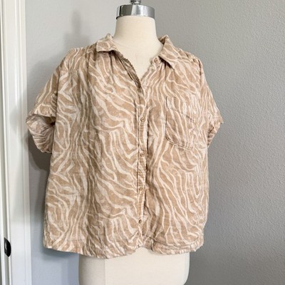 Old Navy Button Front Womens Tan Zebra Print Short Sleeve Collared Sz L Cotton