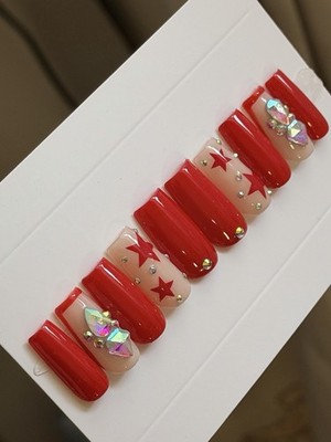   CUSTOM Press On Nails RED STAR  BLING  10p SET W Kit