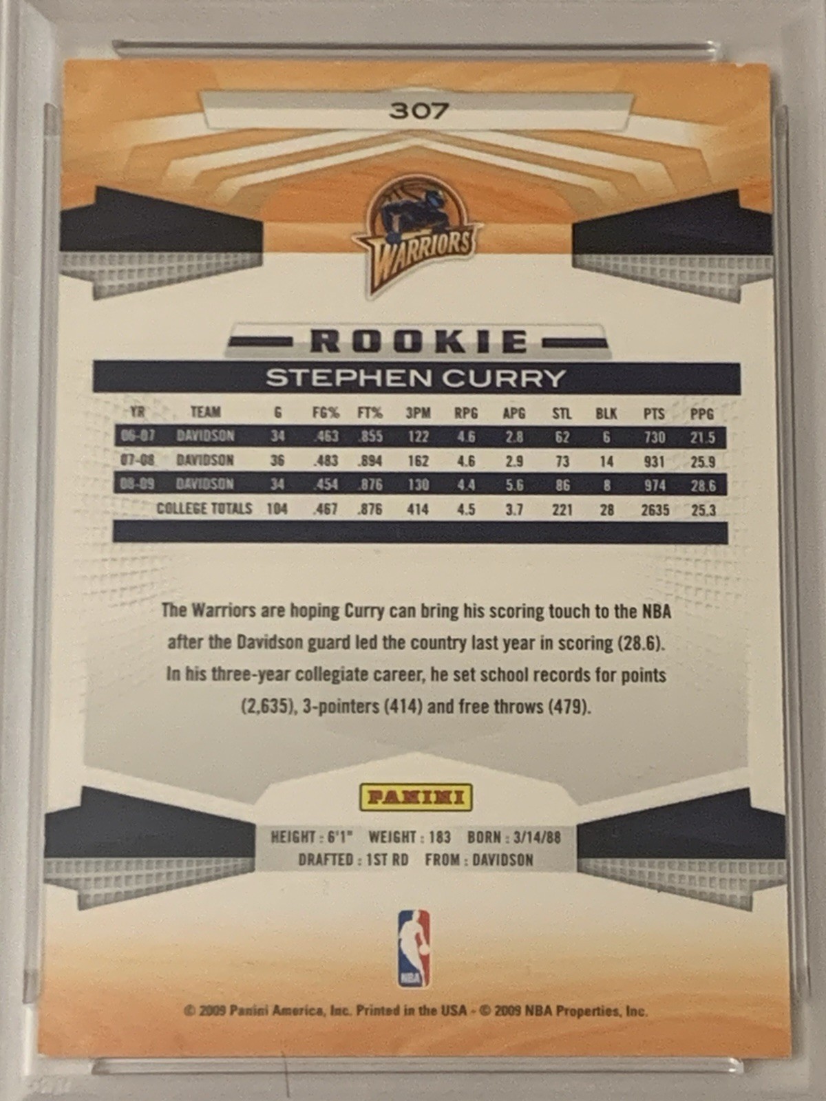 2009-10 Panini - Rookie Stephen Curry #307 (RC) PSA 8 view 4