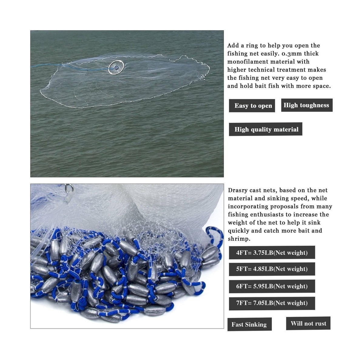 Fish Trap Drasry Saltwater Fishing Cast Net With Aluminum Frisbee