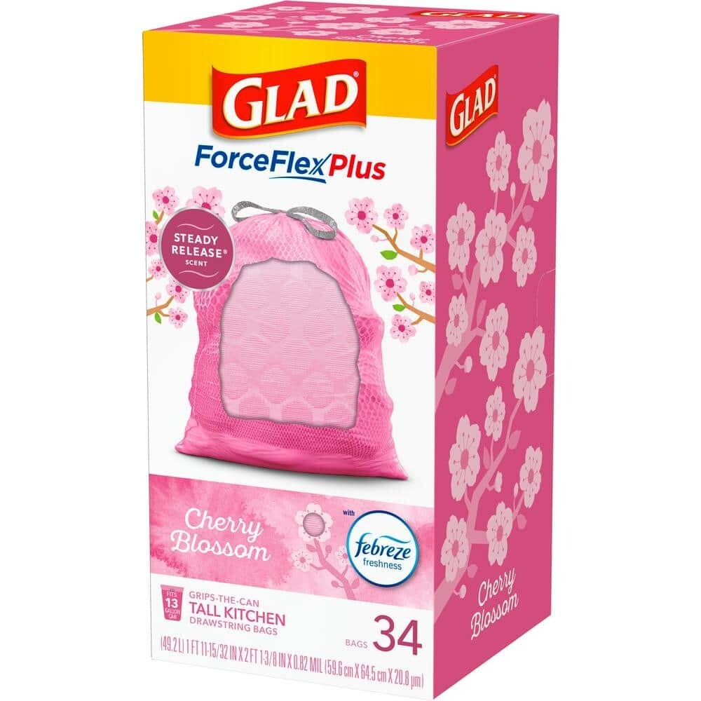 GLAD Forceflexplus 13 Gal. Cherry Scent Pink Drawstring Trash Bags (34