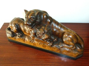 XXL-Lion-Tiger-Wooden-Figure-um-1900-Monogrammed
