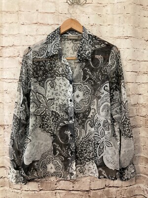 Croft & Barrow Top Womens Medium Black Paisley Semi Sheer Button Up Long Sleeve