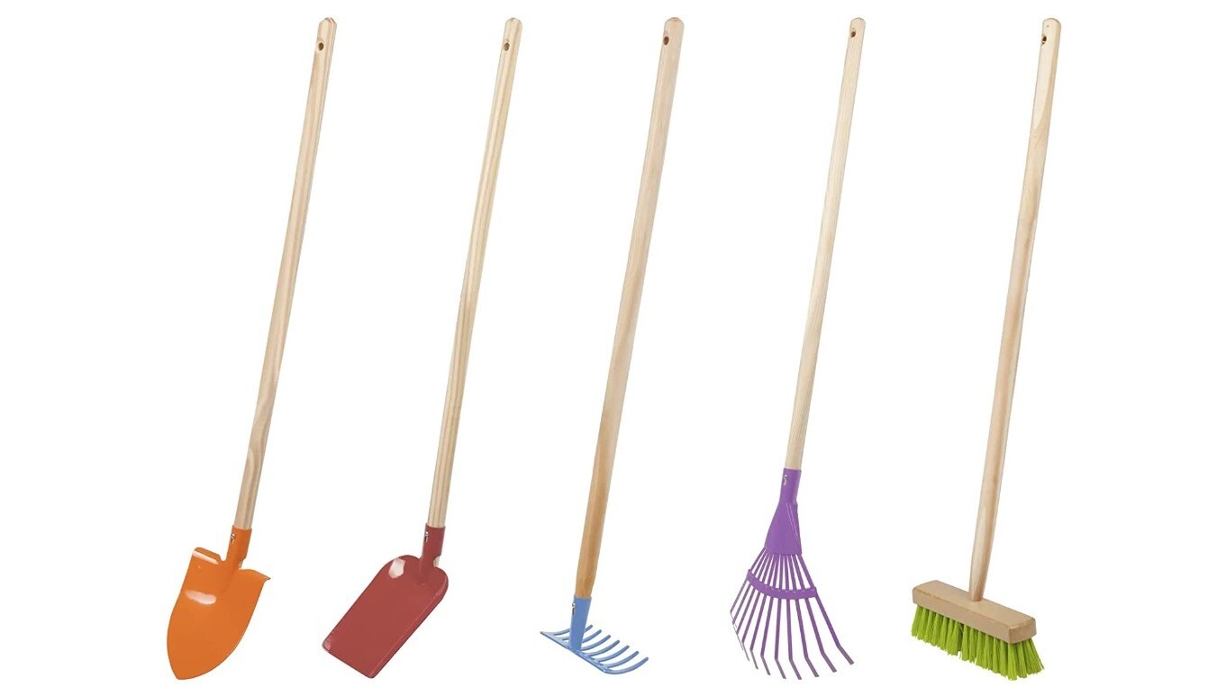 Kit outils de jardin pour enfants 5 pièces en bois et acier mini pelle râteau