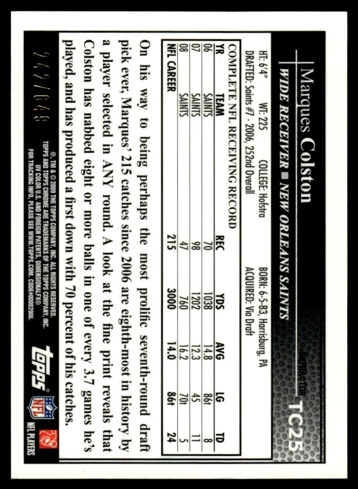 2009 Topps Chrome Refractors Marques Colston /649 New Orleans Saints #TC25 - Image 2 of 2