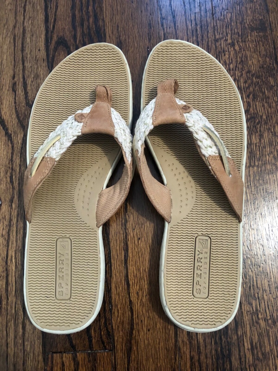 Sperry Top Sider Tan Leather Gold Thong Flip Flop Shoes Gold Women