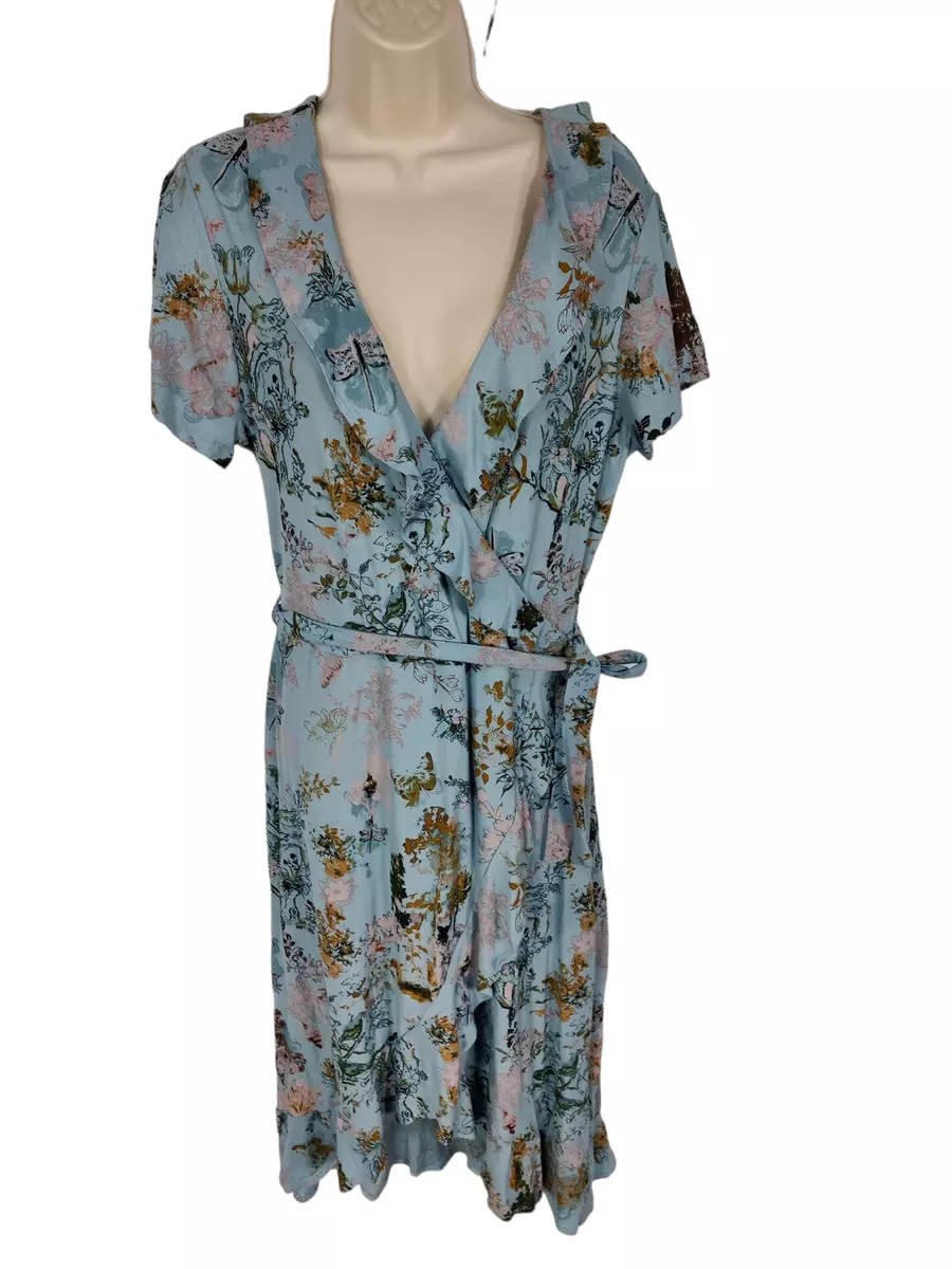 BNWT WOMEN NEXT UK 14 BLUE FLORAL SHORT SLEEVE FRILL WRAP MIDI