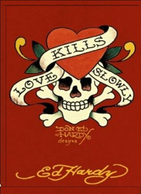 Love Kills Slowly Skull & Bones Tattoo Red by Don & Ed Hardy 31x23
