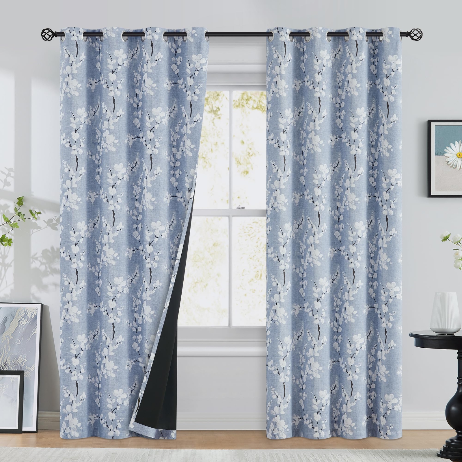 FMFUNCTEX 100% Blackout Floral Blue Curtains 84 Inch Length for Bedroom