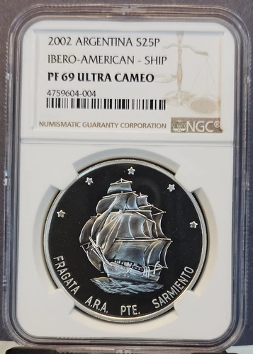 2002 ARGENTINA SILVER 25 PESOS PRESIDENTE SARMIENTO NGC PF 69 ULTRA CAMEO TOP