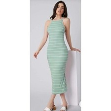 Boutique Mint Green Ribbed Striped Midi Bodycon Dress L