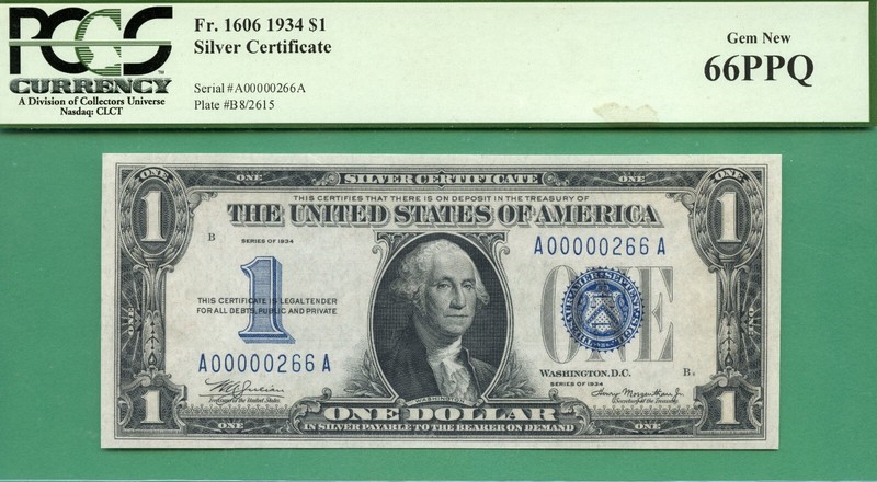 LOW THREE DIGIT SERIAL - A 00000266 A - 1934 $1 SC - Fr 1606 - PCGS GEM 66 PPQ