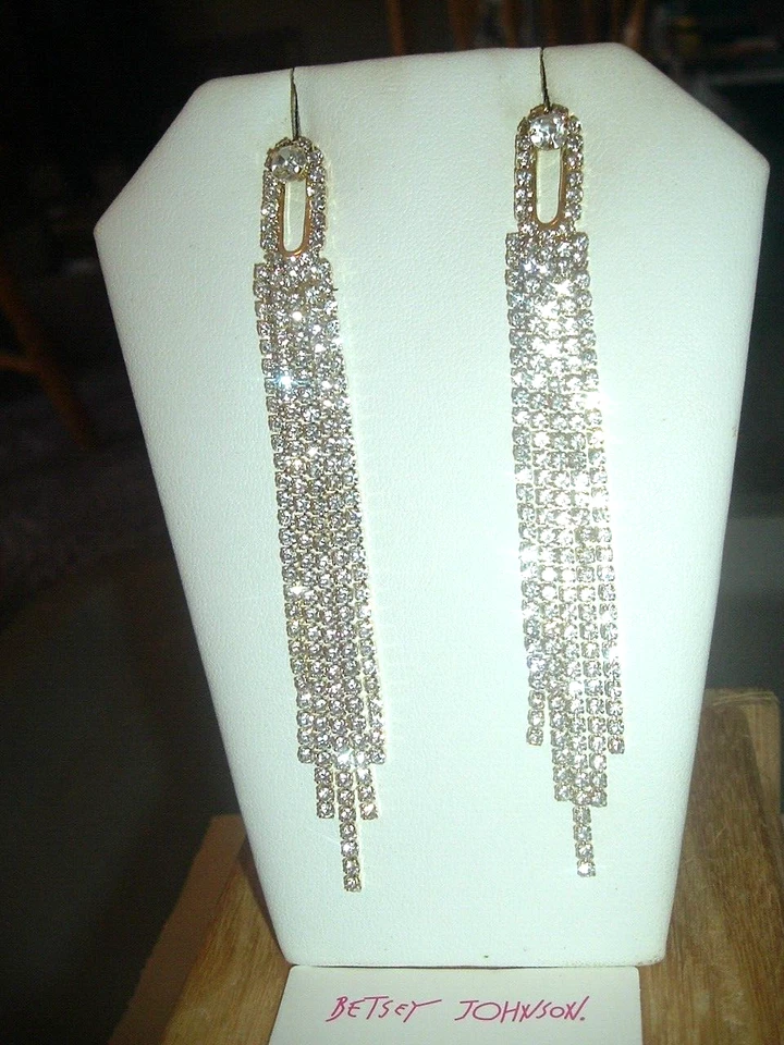 Pave CRYSTAL Open Posts LONG RHINESTONE CHAINS Betsey Johnson Pierced EARRINGS - Image 2 of 4