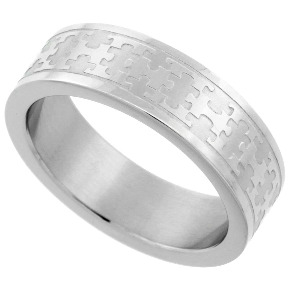 6mm Stainless Steel Autism Awareness Jigsaw Puzzle Wedding Band Ring