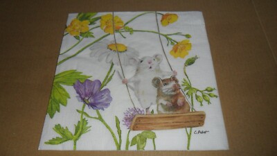 3 Servietten, 33 cm: Zwei Mäuse auf einer Schaukel zwischen Blumen....