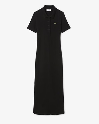 Lacoste Logo Long Ribbed Cotton Polo Dress Women s 38 M UK 10-12 Black EF9622-00