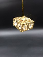 Gold Present Box Christmas Ornament with Bow Hearts  Clear Stones