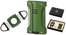 WINJET PREMIUM CIGAR SET / CIGAR LIGHTER + CIGAR CUTTER / GREEN w. GIFT BOX