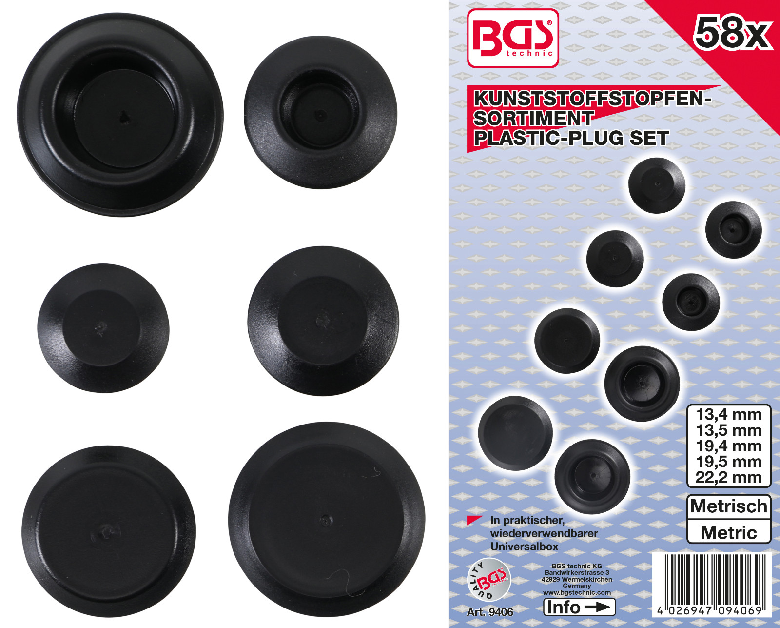 BGS - Grommet, Plastic Plug Assortment - 58 pcs Set - 9406